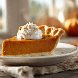 Hero shot of Grandma's Easy Pumpkin Pie with a golden-brown crust and whipped cream