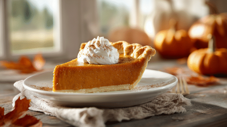 Hero shot of Grandma's Easy Pumpkin Pie with a golden-brown crust and whipped cream