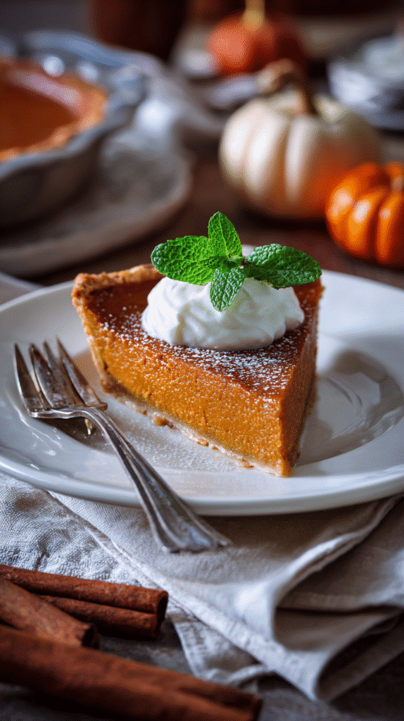 Grandma's Easy Pumpkin Pie being served on beautiful dinnerware