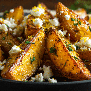 Hero shot of Greek Feta Roast Potatoes with crispy edges and feta topping