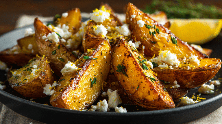 Hero shot of Greek Feta Roast Potatoes with crispy edges and feta topping