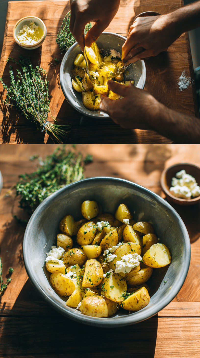 Preparing Greek Feta Roast Potatoes step by step cooking process