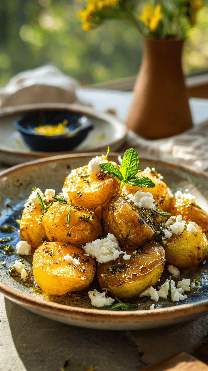 Greek Feta Roast Potatoes being served on beautiful dinnerware