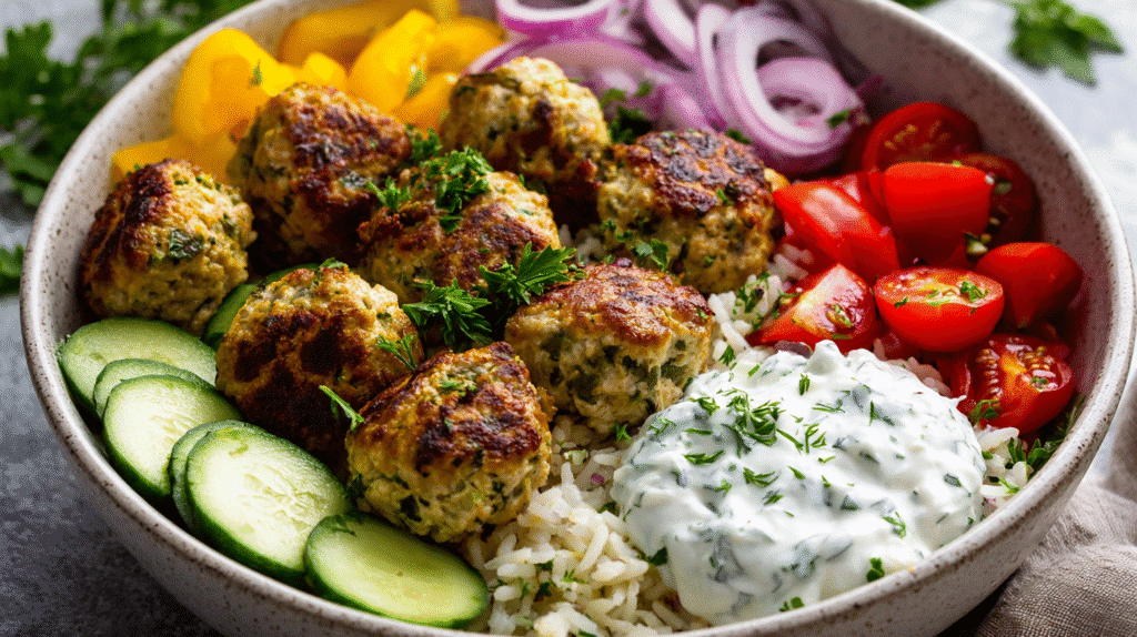 Greek Meatball Bowl hero shot with meatballs, cucumber salad, and tzatziki