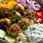Greek Meatball Bowl hero shot with meatballs, cucumber salad, and tzatziki