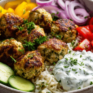 Greek Meatball Bowl hero shot with meatballs, cucumber salad, and tzatziki