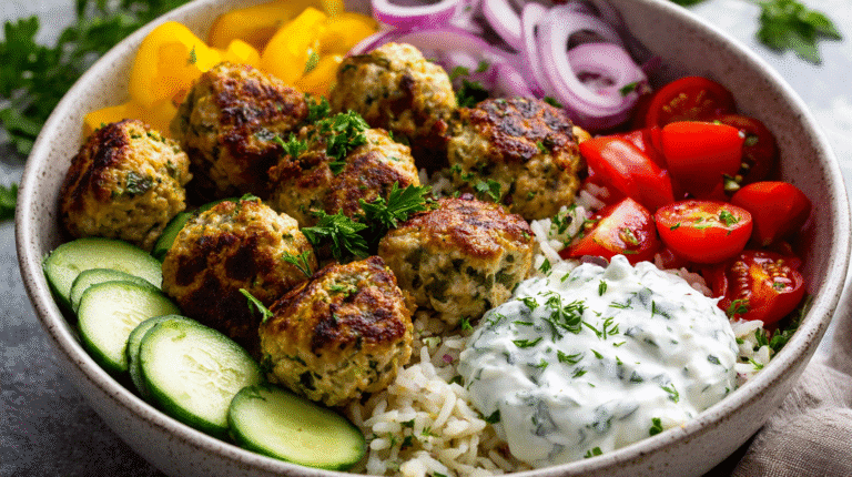 Greek Meatball Bowl hero shot with meatballs, cucumber salad, and tzatziki