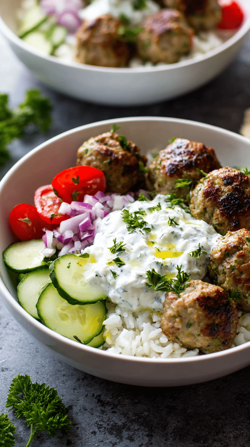 Greek Meatball Bowl being served on beautiful dinnerware