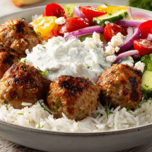 Hero shot of Greek Turkey Meatballs with Tzatziki garnished with fresh dill and served with tzatziki sauce