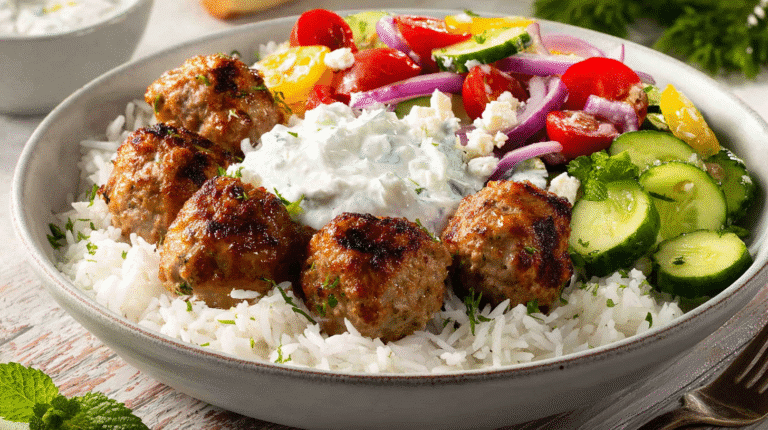 Hero shot of Greek Turkey Meatballs with Tzatziki garnished with fresh dill and served with tzatziki sauce