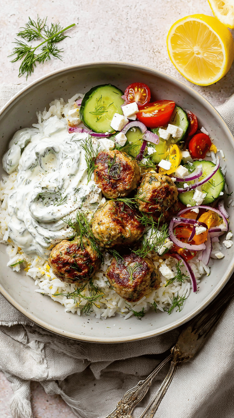 Greek Turkey Meatballs with Tzatziki being served on beautiful dinnerware