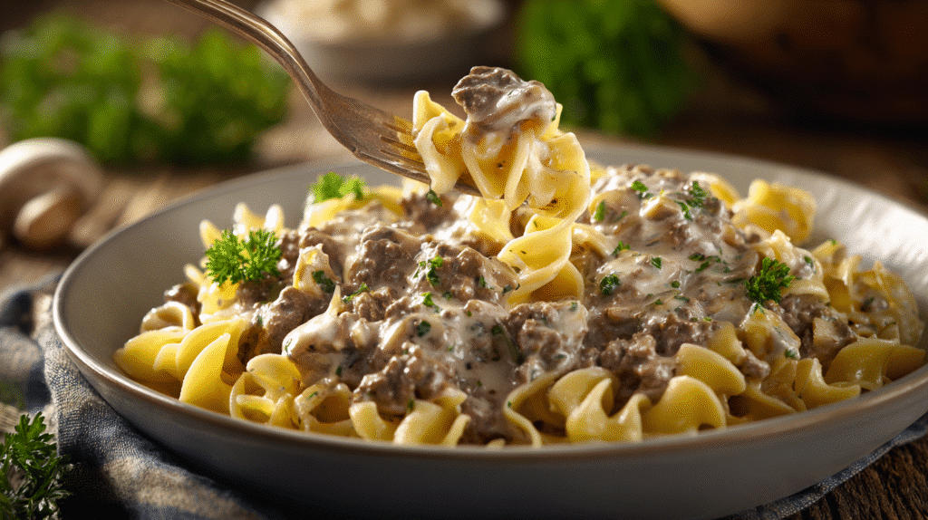 Hero shot of Ground Beef Stroganoff with creamy sauce and noodles