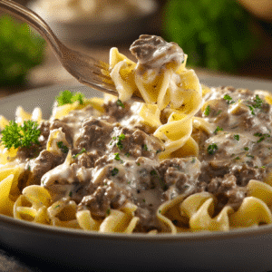 Hero shot of Ground Beef Stroganoff with creamy sauce and noodles