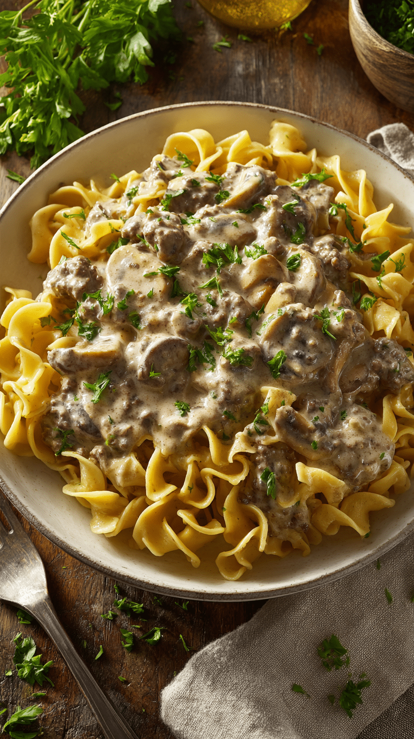 Ground Beef Stroganoff being served on beautiful dinnerware