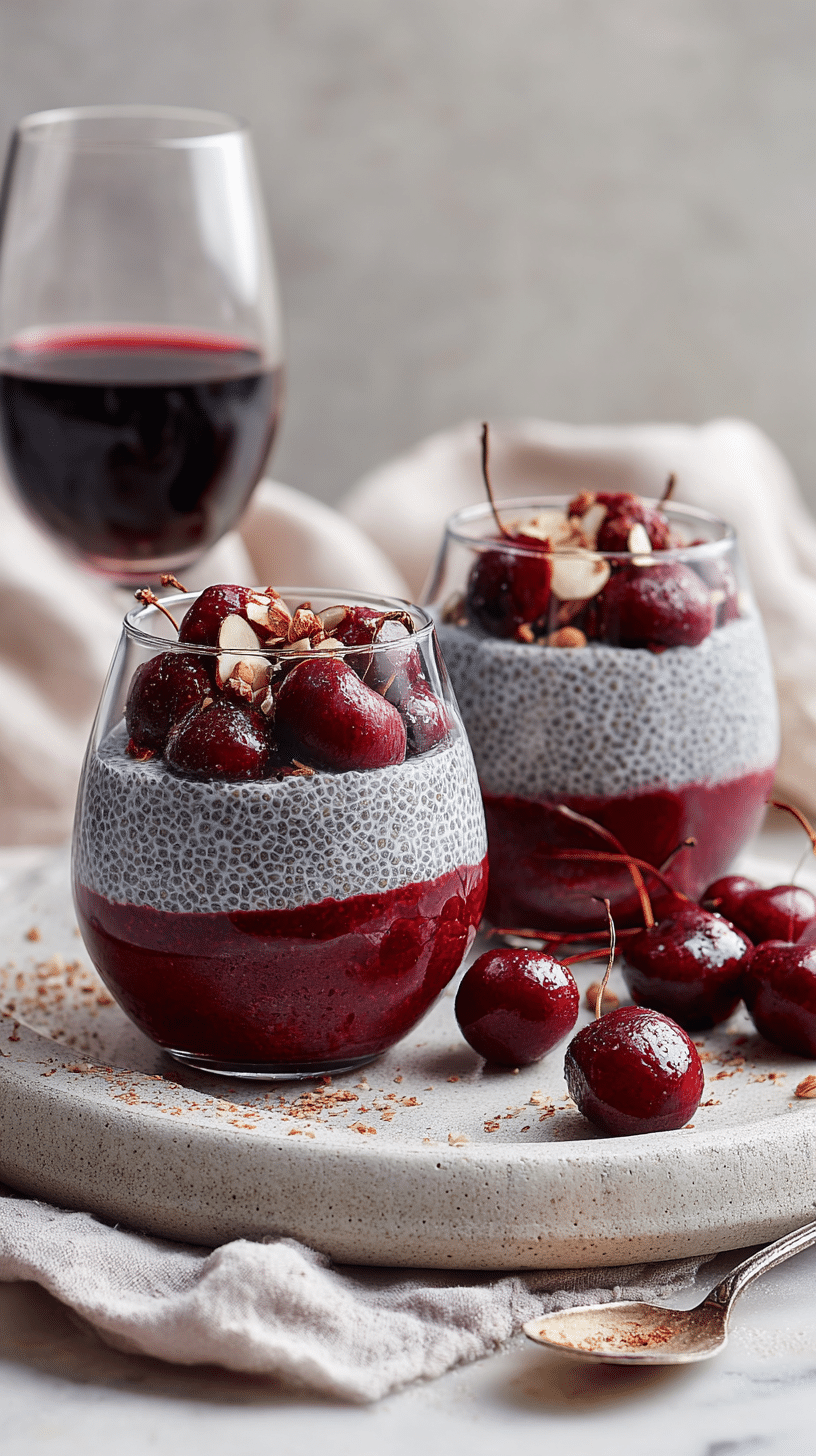Healthy Cherry Chia Pudding being served on beautiful dinnerware