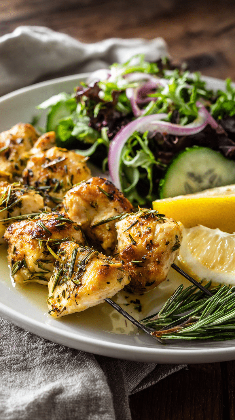 Herb Lemon Skewers being served on beautiful dinnerware