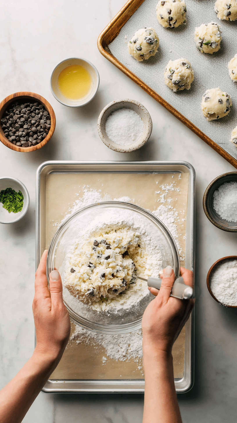 Preparing Mint Chocolate Chip Snowball Cookies step by step cooking process