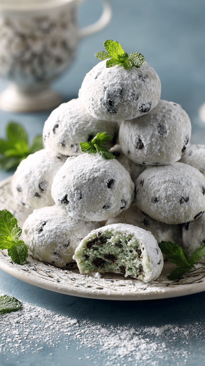 Mint Chocolate Chip Snowball Cookies being served on beautiful dinnerware