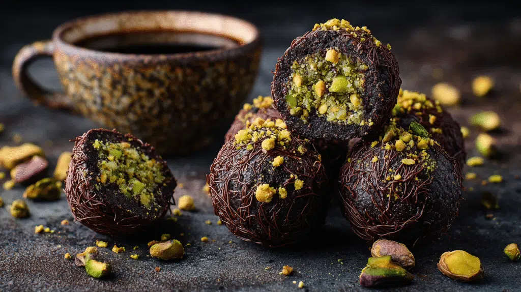 No-Bake Dubai Chocolate Balls hero shot with rich chocolate and pistachio filling