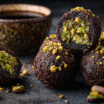No-Bake Dubai Chocolate Balls hero shot with rich chocolate and pistachio filling