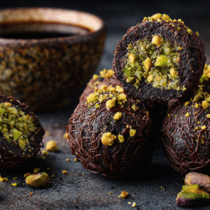 No-Bake Dubai Chocolate Balls hero shot with rich chocolate and pistachio filling