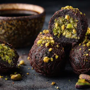 No-Bake Dubai Chocolate Balls hero shot with rich chocolate and pistachio filling
