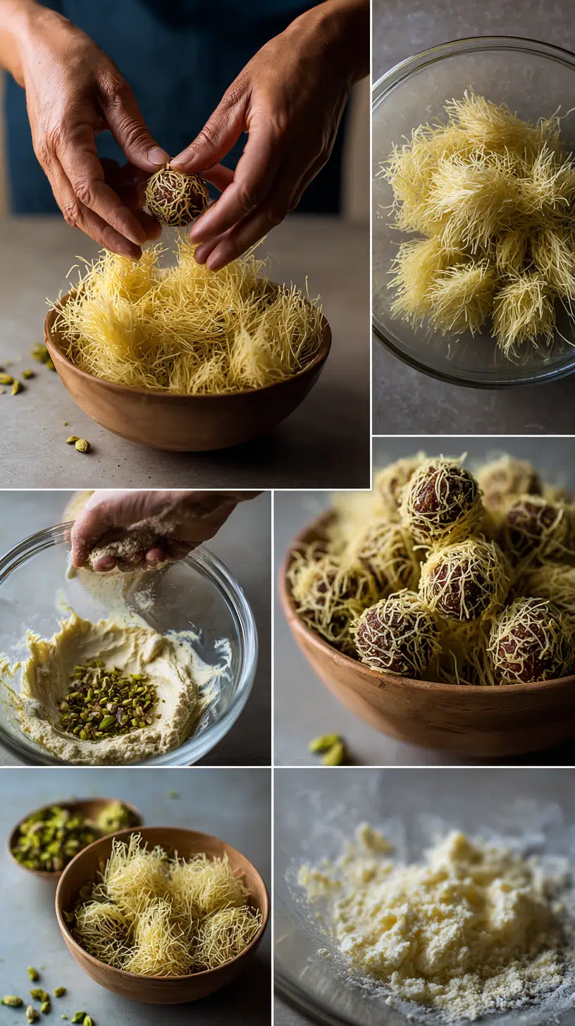 Preparing No-Bake Dubai Chocolate Balls step by step cooking process