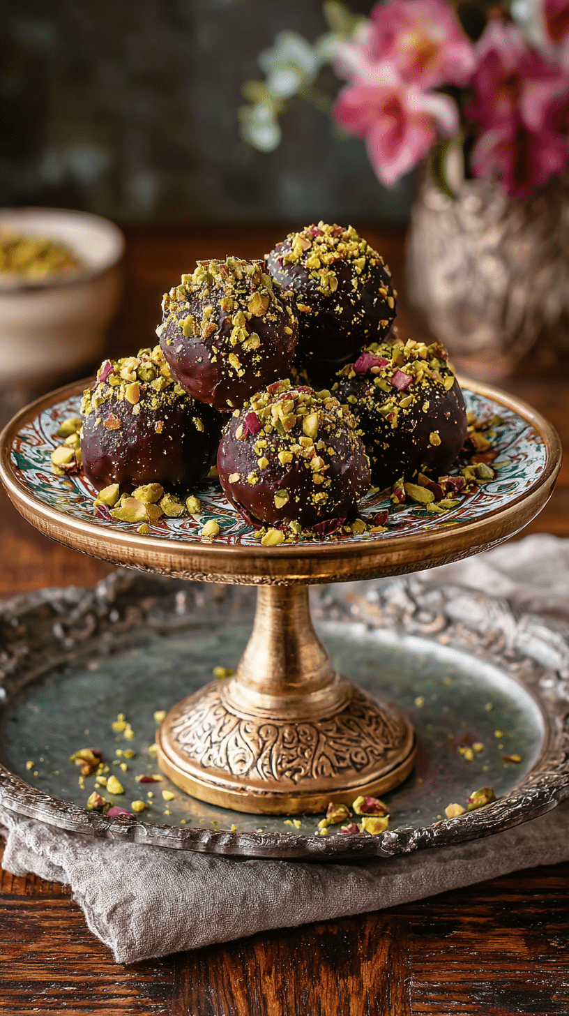 No-Bake Dubai Chocolate Balls being served on beautiful dinnerware