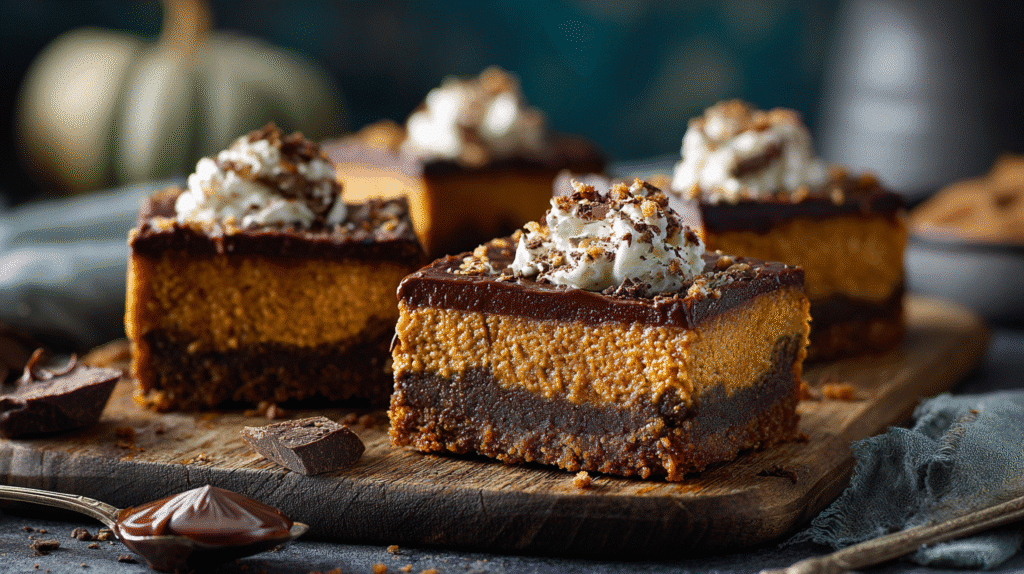 Hero shot of Pumpkin Chocolate Cheesecake Bars