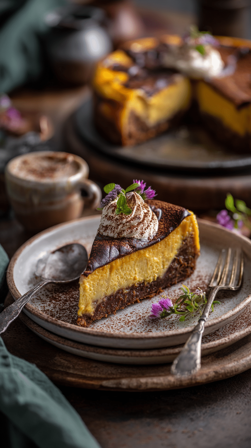 Pumpkin Chocolate Cheesecake Bars being served on beautiful dinnerware