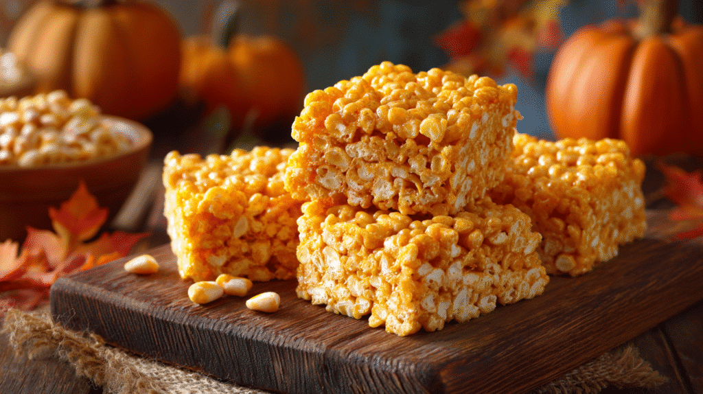 Pumpkin Crispy Treats hero shot with white chocolate drizzle