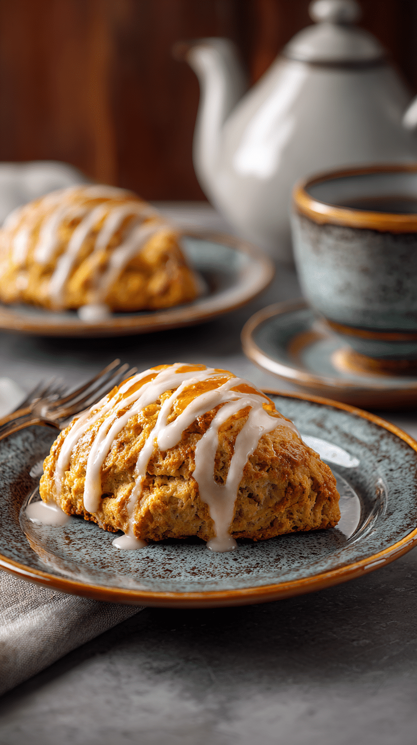 Pumpkin Scones with Maple Cinnamon Glaze being served on beautiful dinnerware