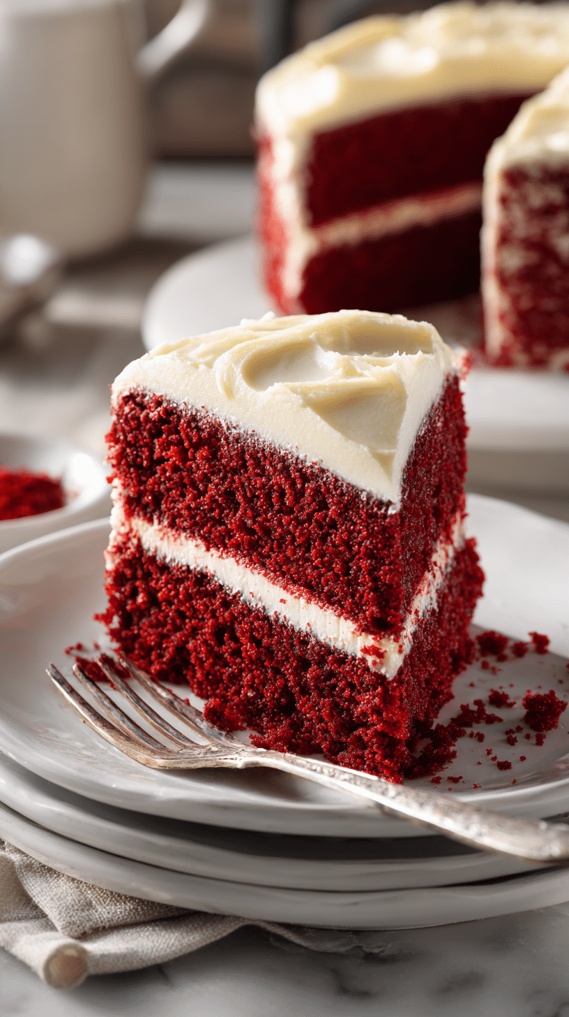 Red Velvet Cake being served on beautiful dinnerware