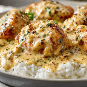 Smothered Chicken and Rice hero shot of the finished dish