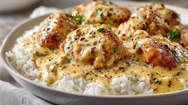 Smothered Chicken and Rice hero shot of the finished dish