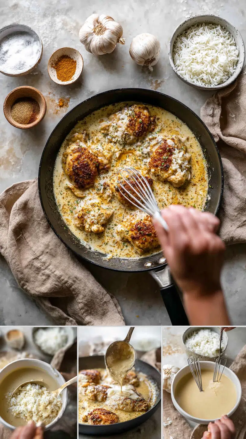 Preparing Smothered Chicken and Rice step by step cooking process