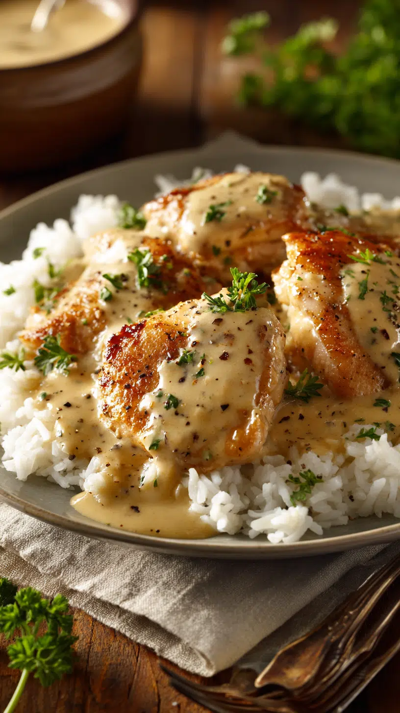 Smothered Chicken and Rice being served on beautiful dinnerware