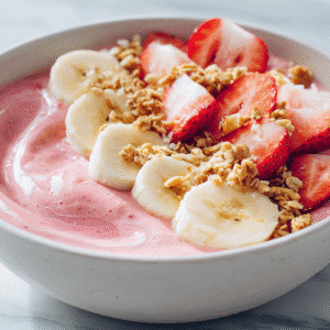 Strawberry Banana Smoothie Bowl hero shot with vibrant toppings