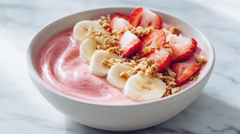 Strawberry Banana Smoothie Bowl hero shot with vibrant toppings