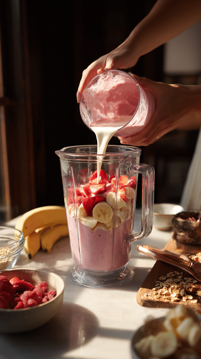 Preparing Strawberry Banana Smoothie Bowl step by step cooking process