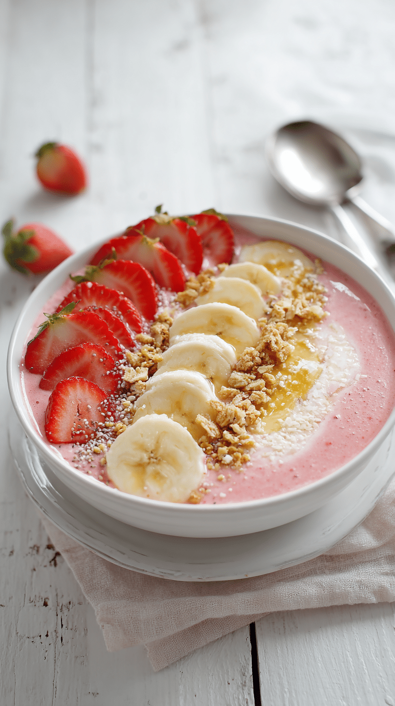 Strawberry Banana Smoothie Bowl being served on beautiful dinnerware