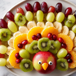 Hero shot of Turkey Fruit Skewers with colorful fruit arrangement