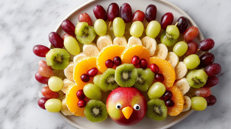 Hero shot of Turkey Fruit Skewers with colorful fruit arrangement