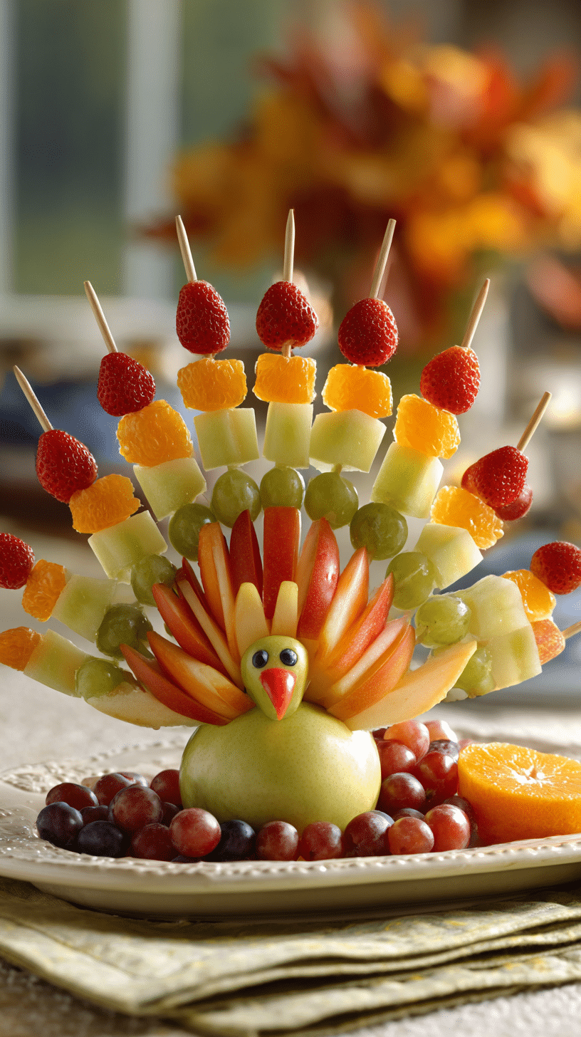 Turkey Fruit Skewers being served on beautiful dinnerware