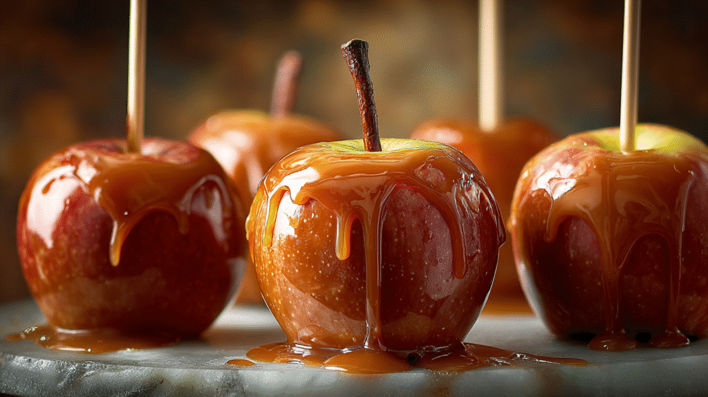 Vegan Caramel Apples with glossy caramel coating on a rustic board