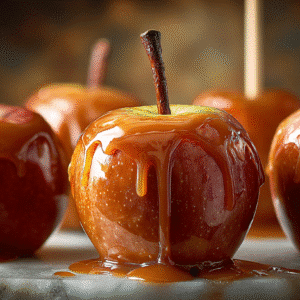 Vegan Caramel Apples with glossy caramel coating on a rustic board