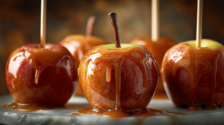 Vegan Caramel Apples with glossy caramel coating on a rustic board