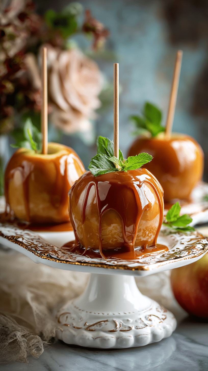 Vegan Caramel Apples being served on beautiful dinnerware