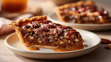 Hero shot of Vegan Pecan Pie with golden crust and pecan halves