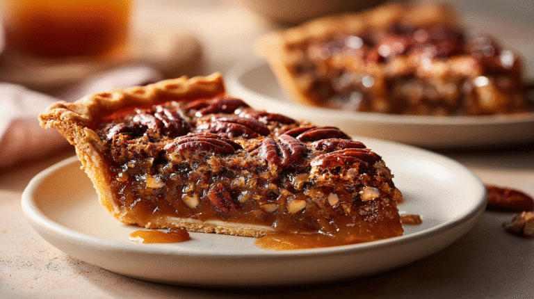 Hero shot of Vegan Pecan Pie with golden crust and pecan halves